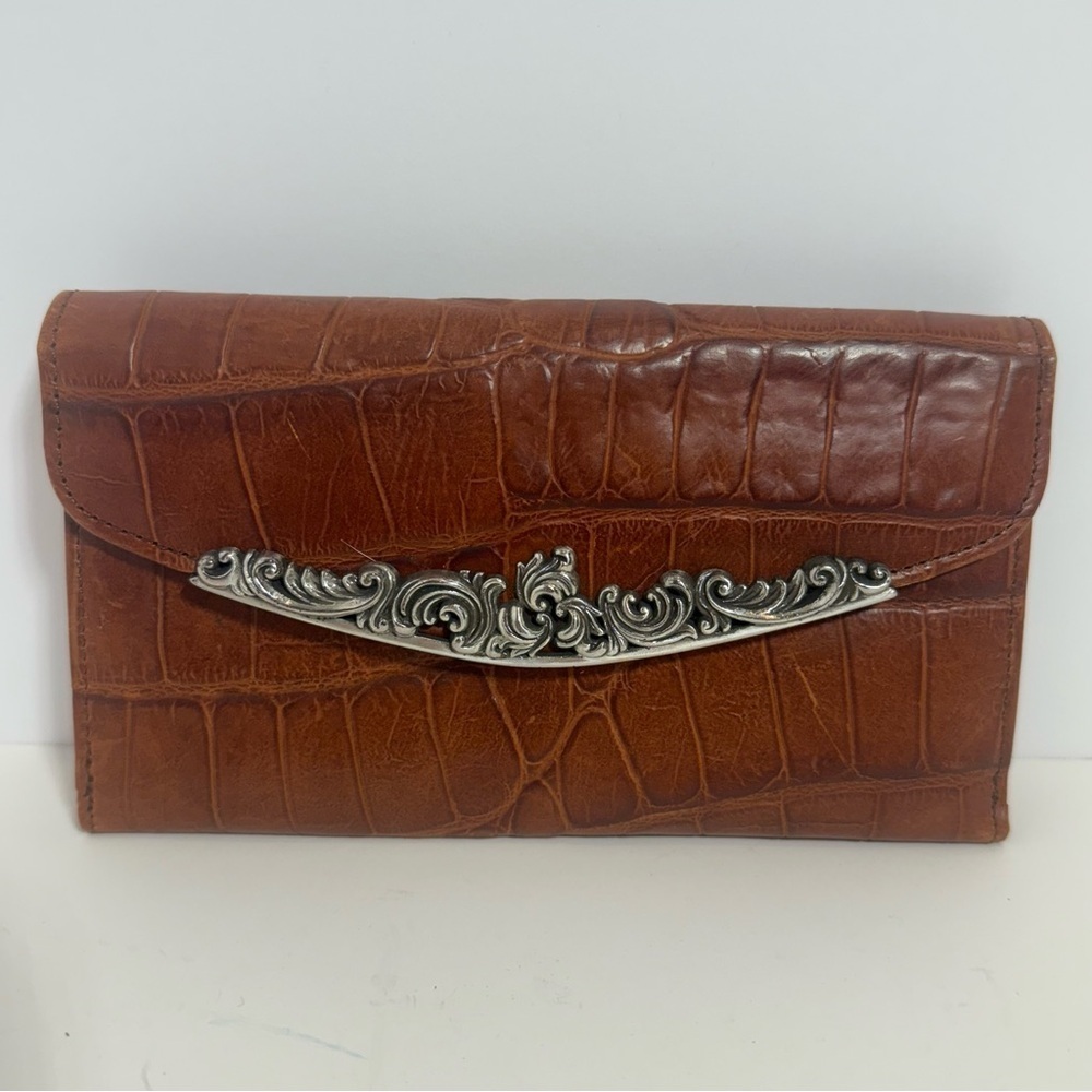 BRIGHTON  WALLET Brown Leather Large Organizer Clutch Silver Brown Classic